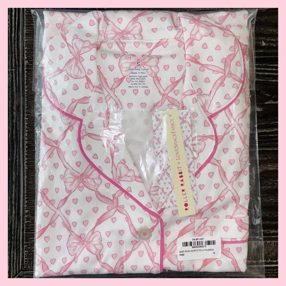 🎀🤍NEW Roller Rabbit Love Shack Fancy Baby Bow Hearts Polo Pajamas PINK S SMALL